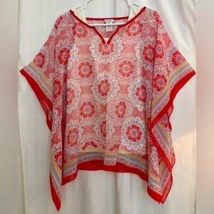 Talbots Red Floral Sheer Scarf Top w/ White Stretch Tank Size S/M